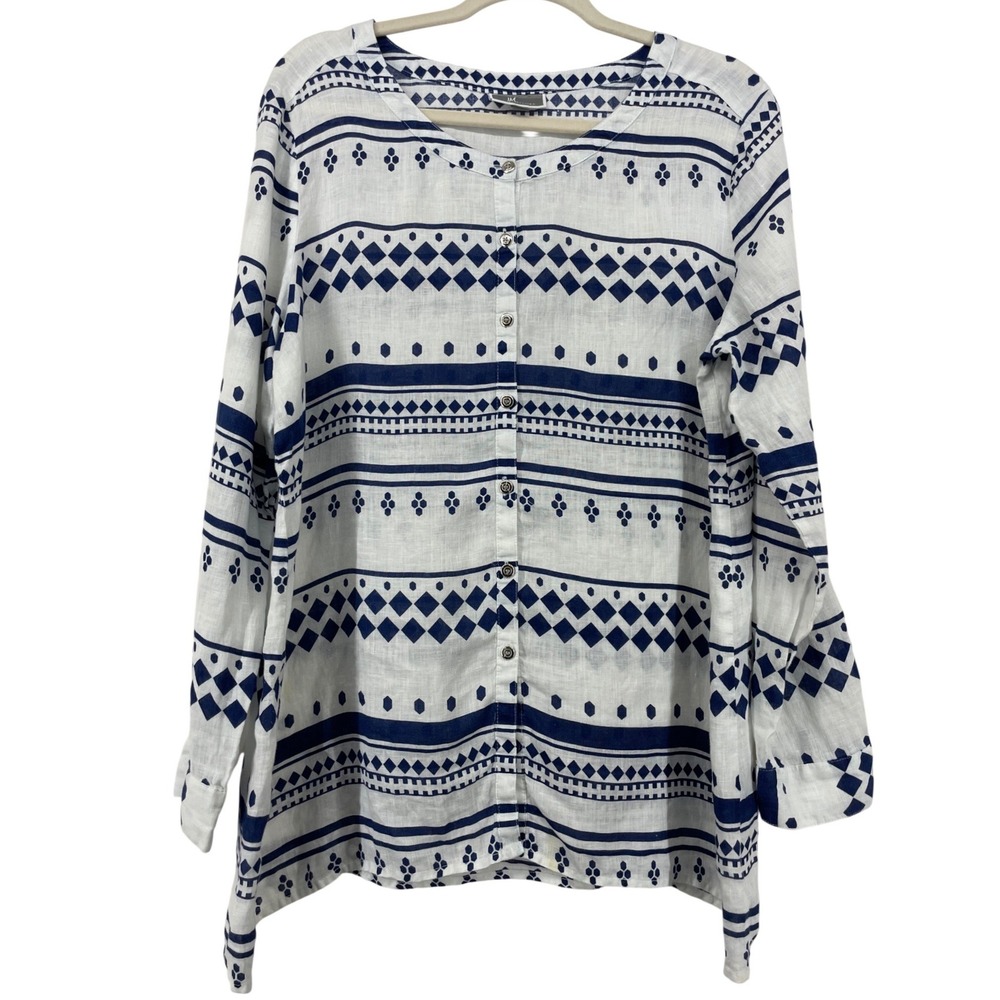JM Collection Size 14‎ Button Down Top Linen Blend Blouse White Navy Geometric